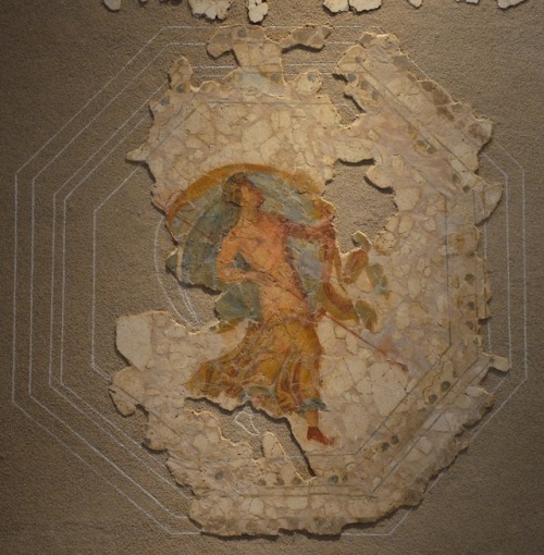 lionofchaeronea:A maenad carrying a thyrsus.  Fresco from the ceiling of a Roman house in Colonia Na