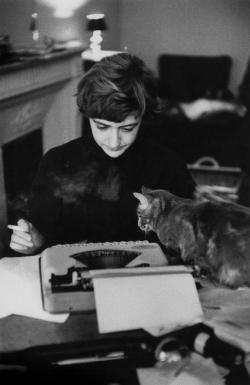 shihlun:  Burt Glinn, French writer Françoise Sagan with her cat at home. 1958. 