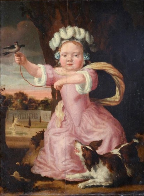 Cesar Boetius van Everdingen (1617–1678)Portrait of a young child wearing a pink dress and a plumed 