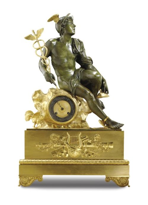 themedusa88:  A gilt-bronze and patinated-bronze mantel clock, attributed to Lenoir-Ravrio Restauration, circa 1825