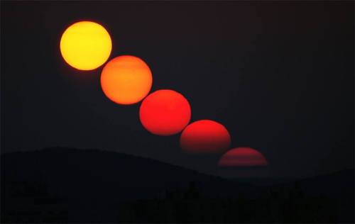 This photo sequence taken in Veszprem, Hungary, shows the colour variability of the setting sun. As 