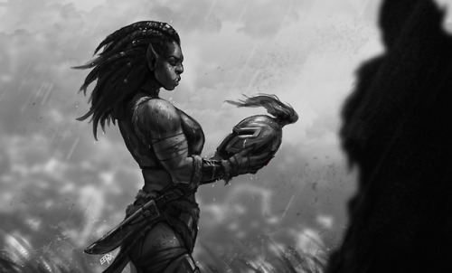 eepoxdraws:  ”I will keep this,” Manata hummed after the warband’s triumphal singing waned.  ”That helmet looks hideous. Whatever will you do with it?”  Related to a story about Manata in the Arathi warfont     