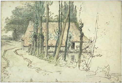 Surroundings of Vichy, house near the water, 1867, Jean-Francois MilletMedium: ink,watercolor,paper