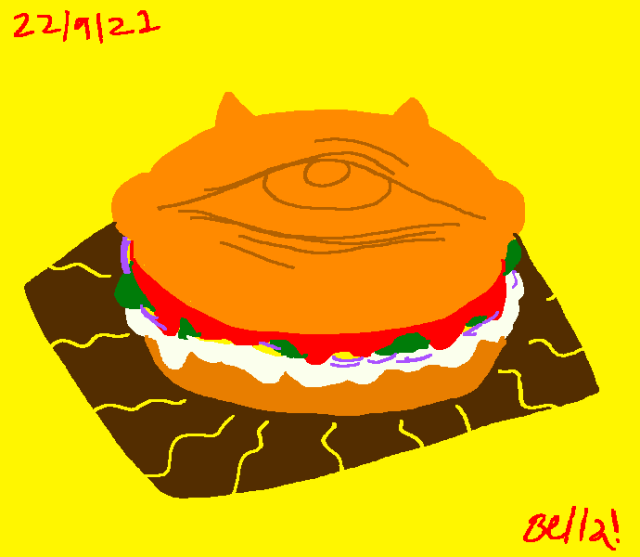 a weird slimy burger shaped like a lemon with an eye on top and two devilish horns. the background is yellow.