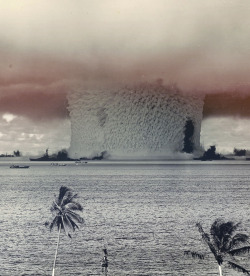 warisstupid:  Massive column of water rises from the ocean as an Atomic Bomb detonates at Bikini Atoll in the pacific during the first underwater nuclear test july 25th 1946 