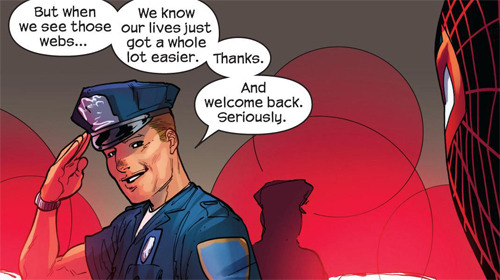 lowkeywalker:  tedtheodorelogan:  cyborgcap:  Cataclysm: Ultimate Spider-Man #28  If you’re not familiar with Ultimate Marve, that’s Miles Morales as Spider-Man instead of Peter Parker. This is him without the costume:  Kinda puts that interaction