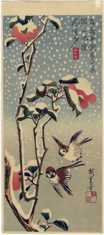 beifongkendo:Sparrows in snow, woodblock print by Utagawa Hiroshige (1833).