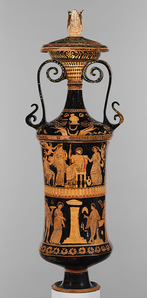 blackbastetofthewall:Loutrophoros (ceremonial vase for water), ca. 340–330 B.C.; red-figure Attribut