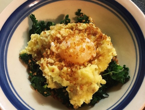 Mashed potatoes with greens and salt-cured egg yolk and breadcrumbs