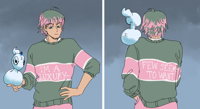 Fanart of the character Heisuke from the manga Doron Dororon, a good-looking young man with long lashes and a short mop of hair that has dark roots and lighter tips, rendered here in green & pink to match his sweater. He is posing similar to a meme of a catalogue model wearing a sweater which reads "I'm a luxury..." on the front and "few can afford" on the back; however, in this version, the sweater reads "I'm a luxury ... few seem to want". Perched on his finger and later his shoulder is a small white monster known as a 'mononoke' shaped somewhat like a very smooth chicken.