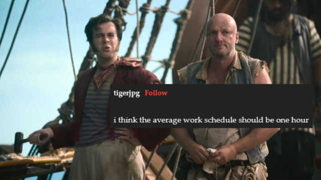 lucius ineffectually tapping a railing with a mallet, face scrunched as he talks to pete. captioned with text post by tigerjpg "i think the average work schedule should be one hour"