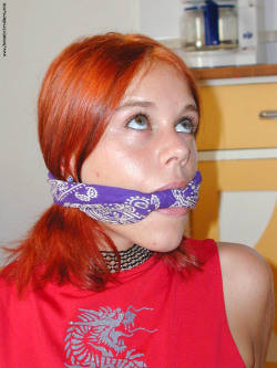 graybandanna:  A damsel in distress with a different color bandanna gag for each day of the week.