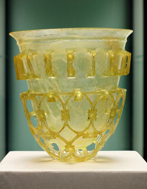 archaicwonder:Roman Cage Cup, 4th Century ADRoman glass beaker (aka vas diatretum, plural diatreta, 