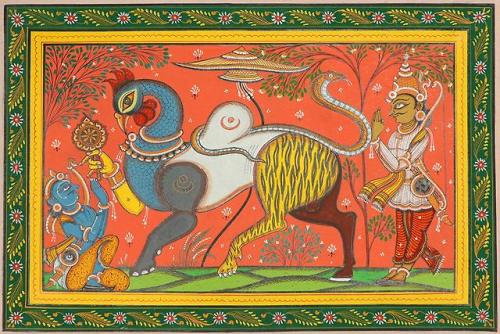 Navagunjara, a Vishnu form composed of nine different animals, patachitra painting from Odisha