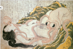 inpassioned:  Katsushika Hokusai, “Naked girl in the arms of an octopus,” double page from the first part of the book Kinoe no Komacu, 1814, tinted woodcut, 23x32cm, placed: British Library, London, England.  Great octopus eight movable arms seized