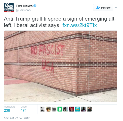 alanaisalive:That graffiti doesn’t mention Trump. So Fox News is openly admitting he’s a Fascist now