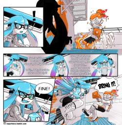 zugartdose:  It’s done ! Second page of a short comic dedicated to searching-for-bananaflies / tamarinfrog featuring her character Angelo and my own Inkling Jill. Looks like he’s surprised that she is not trying to run away from him. Wonder what will