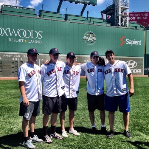 Matt Grzelcyk, Ryan Donato, Ryan Fitzgerald, Michael Doherty & Billy Sweezey at Fenway Park for BP with the prospects today. #NHLBruins #RedSox