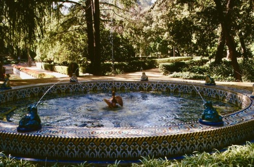 Fuente de azuelos con caños de ranas y pájaros, Parque María Luisa, Sevilla, 1977.