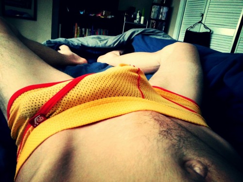 itllmakeyoushoot:  I wish I had underwear with a stretchy pouch. Morning wood always wakes me up because it struggles to get out. Here you can see I readjusted it :) 