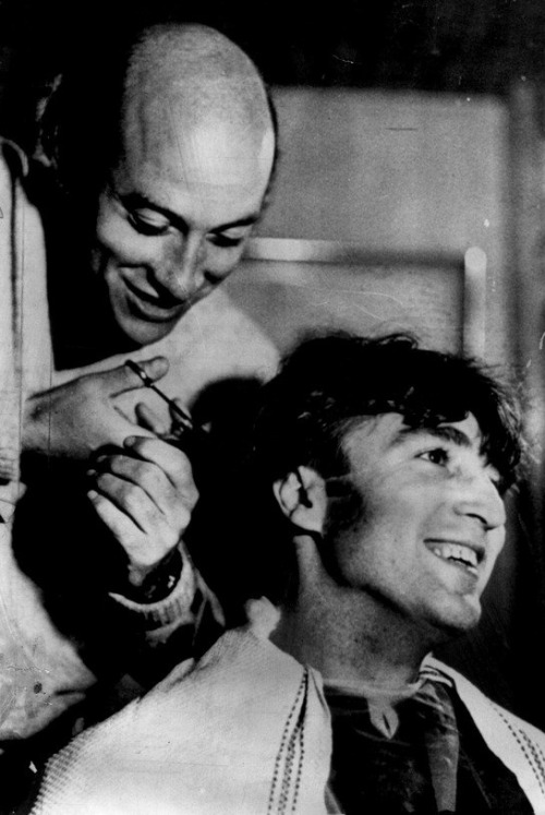 mccartneymadness:John Lennon getting his hair cut, September 6, 1966