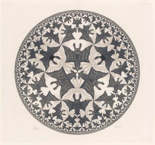 nobrashfestivity:Islamic art (1300-1600, Left) contrasted with the work of Maurits Cornelis Escher, 
