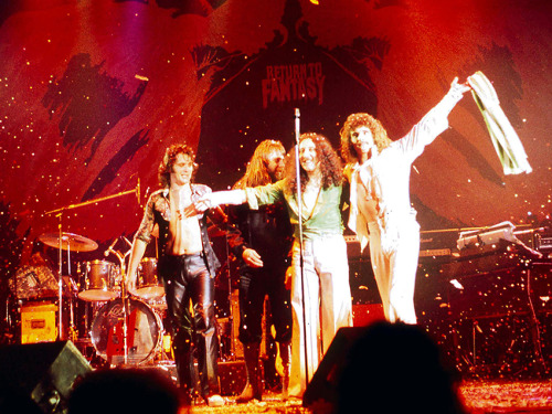Uriah Heep after the encores onstage Return To Fantasy tour, 1975John Wetton, Lee Kerslake, Mick Box
