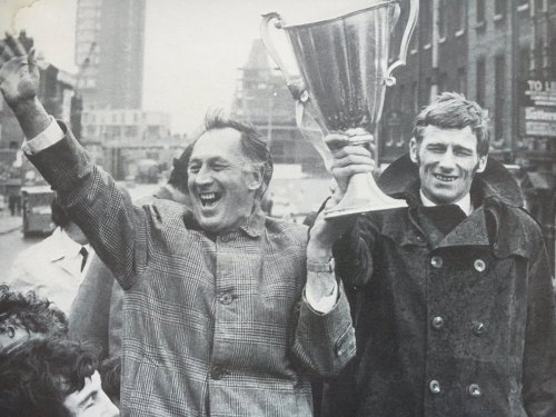 Joe Mercer and Tony Book parade the Cup Winners Cup after Manchester City won it in 1970.