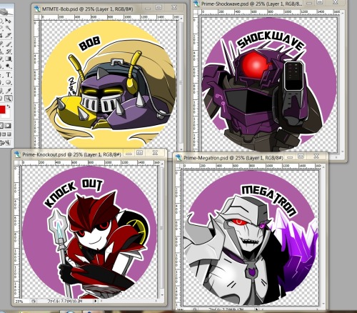 FOUR BUTTONS DONE!!  Remaining: Breakdown, Starscream, Soundwave, at the very least… Might do Rescue Bots buttons too. Hmm. Blades, at least, if I can stay sane drawing these. :D