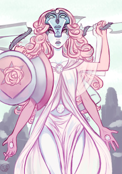 stage-trolls:  sharksylph:  My headcanon for what all four crystal gems look like fused, based off the temple. She has a giant sword and shield/ax combo thingy. I personally think the gem they form would be Diamond! I hope one day we actually get to see