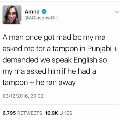 thaxted: When your racism conflicts with your misogyny.  I love too that the username is “aGlasgowGirl” like yes please a punjabi Scottish girl and her mumma fucking with a racist misogynist. This is fun all over.