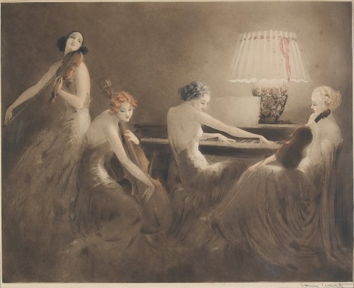Melody Hour.1934. Etching and dry point in Colors. 56 x 75.5 cm. Art by Louis Icart.(1888-1950)