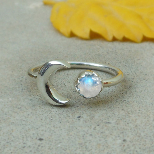 Rainbow Moonstone Half Moon Crescent Moon RingSilver Moon Ring June Birthstone Ringby finesilverstud