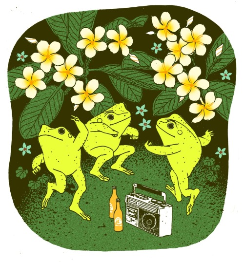 inprnt:“frangipani frogs with a radio” by Linnea Sterte on INPRNT