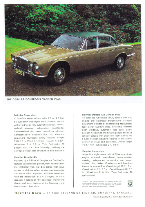 Daimler Cars brochure (edited), 1972. The Daimler range reflected that of Jaguar’s XJ, the XJ6 becom