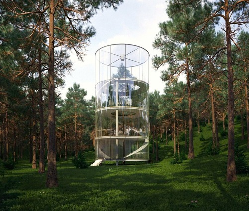 prettyarchitecture:  A Labyrinth Abstracted  Buried in the trees of Kazakhstan’s sweeping Almaty forest is a cylindrical glass structure designed to help one with spiritual and creative development. At the moment, the four-story greenhouse designed