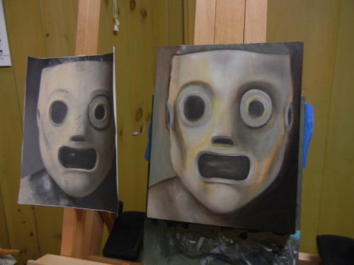 Just finished the underpainting for this portrait of Corey Taylor’s old mask. Painting on a wo