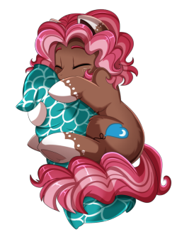 pink-pone:don’t have much time to draw, so here’s a comm from a while back, by Pridark on DA! Ginger loves to cuddle with all sorts of pillows and stuffed animals &lt;3