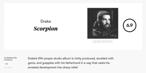 isitbetterthanemotion: Is it better than E•MO•TION?: Drake: ScorpionPitchfork rating for D