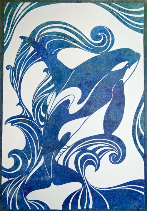 Orcinus Orca paper cutting on ink dyed paper.