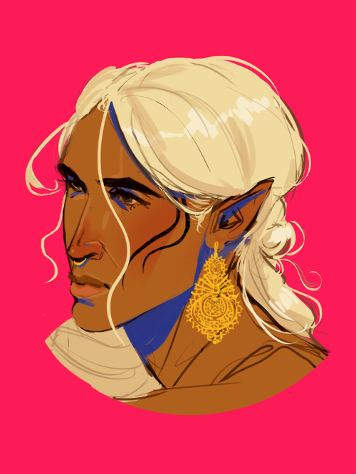 zevbian:woodlesbian: crow boy [ID: a three-quarter portrait of Zevran Arainai. his light blonde hair