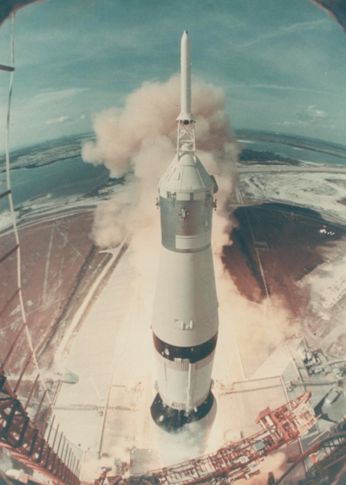sci-universe:Apollo 11 lift-off seen from the top of the launch gantry, July 1969.Image credit: NASA