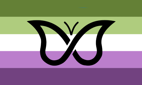A flag with five horizontal of the same sizes. Their colors are, from top to bottom, green, pastel green, white, pastel violet and violet. There is a black butterfly symbol in the center of the flag.