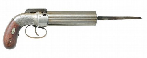 Allen & Thurber pepperbox revolver with bayonet, early to mid 19th century.