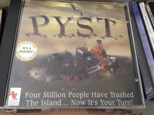 syntax-error:  lanceboyles:  dragondicks:  navysealcreepypasta:  oh god I found this piece of shit Myst parody called Pyst  “parroty”  I love the sticker saying “IT’S A PARODY!” like they figured they were being too subtle  Also featuring