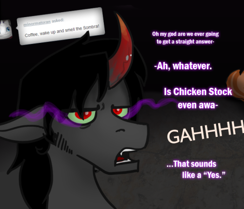 ask-king-sombra:  I JUST DON’T UNDERSTAND ANYTHING ANYMORE ((Oh hello surprise cameo Serious Rainbow! Or maybe not-so-surprise, considering you were riding wolfback a couple updates ago.))  @$(*YU#*&)(RYR O_O