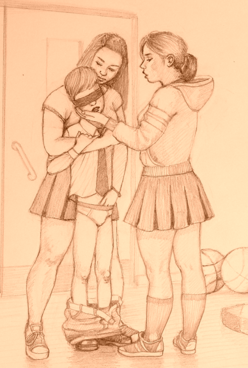 femalesupremacyartanddrawings:Girls having fun. A smart male remains silent and obedient as the Girl