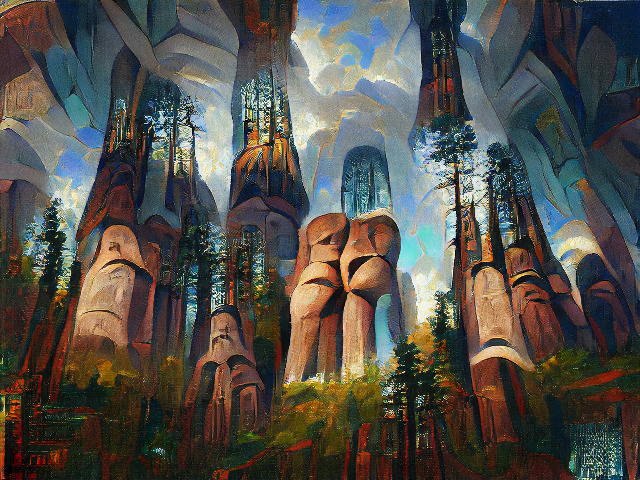 Stone pillars topped with redwood trees, rising up into a partly cloudy sky.