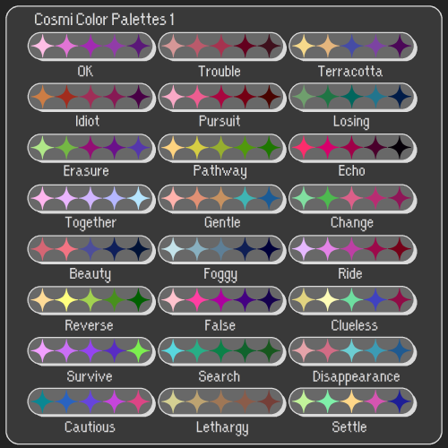 imstuckathome12: cosmitasia: I made some color palettes a while back based on songs! Feel free to use, reblog and ask for characters w/ a palette, etc. Anyone want to request a pallete + character? 