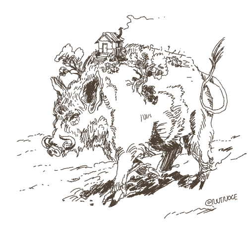 swordstarsage:nutnoce:a boar, a rundown cabin, sprinkled with field flowers[ID: a drawing of a boar,